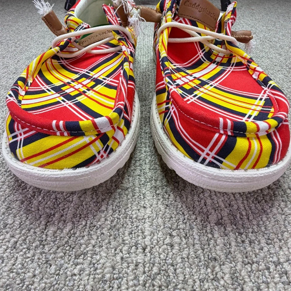 Hey Dude Wally Caddy Shack Plaid Shoes Mens Size 8 Red Yellow Slip On Sneakers
